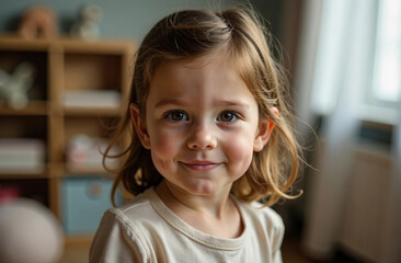 Portrait of little girl in children room, happy childhood. AI Generative