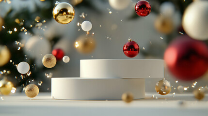 Poster - Christmas ornaments decorations sparkling on platforms with blurred background
