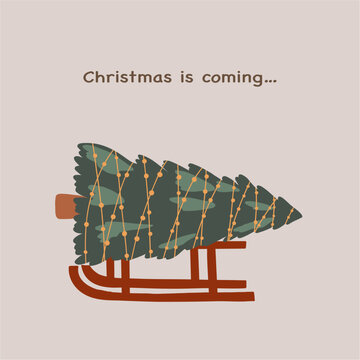 Christmas card. Christmas tree on the sleigh. Merry Christmas and Happy New Year. Hand drawn vector illustration