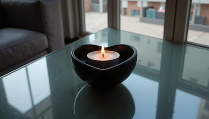 Stylish heart-shaped candle holder with a lit candle on a glass table featuring a modern interior