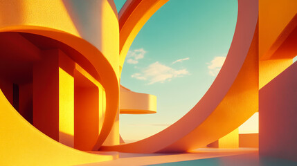 Poster - A vibrant orange and yellow abstract structure under a blue sky, showcasing modern architectural designs at sunset