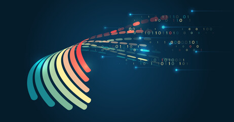 Poster - Visualization of a large amount of data. Abstract transformation of information. Processing sorting data fragmentation. Business analytics. The flow of information in the form of waves and particles.
