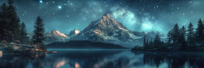 Wall Mural - stunning panoramic mountain landscape: enchanting night sky and shimmering lake reflection in digita