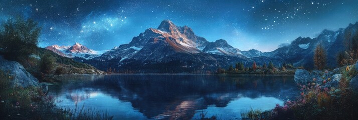 Wall Mural - breathtaking panoramic mountain landscape under a starry sky reflecting in tranquil lake