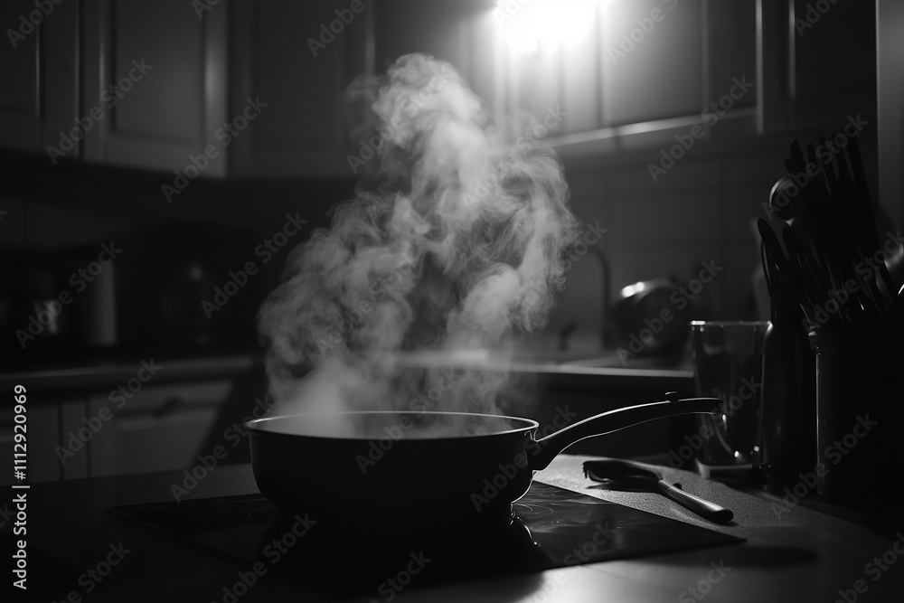 Black and white image of steam rising from a frying pan in a kitchen ...