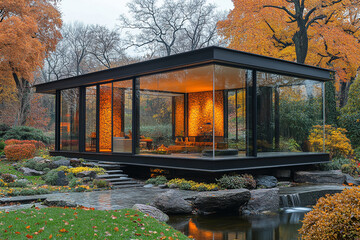 Wall Mural - Modern Glass Pavilion Nestled in Autumnal Gardens