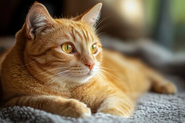 Wall Mural - A stunning close-up of a relaxed ginger cat with beautiful green eyes, capturing its serene expression and the soft natural light in the background.