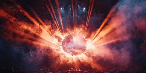 Wall Mural - Radiant smoke spirals, dynamically moving on a stadium stage, intersecting spotlight beams carving through a dark void, encapsulating the vibrance of a live concert