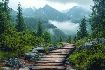 Wooden bridge on green forest and mountains background