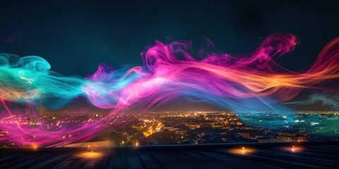 Wall Mural - Swirling colorful smoke illuminated above a rooftop, intersected by radiant spotlight beams, framed by distant urban lights and a dramatic dark void