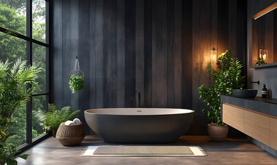 Poster - A modern bathroom with black wood wallpaper as an accent wall