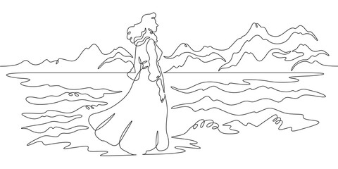 Wall Mural - Continuous one line drawing woman standing on the seashore. Waiting by the sea. Sea landscape.One continuous line isolated minimal illustration.Not AI.