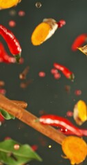 Poster - Super Slow Motion of Flying and Rotating Spices Mix. Filmed on High Speed Cinema Camera, 1000 fps. Vertical Aspect Ratio.