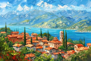 Poster - A painting of a town near the waterfront with buildings and boats