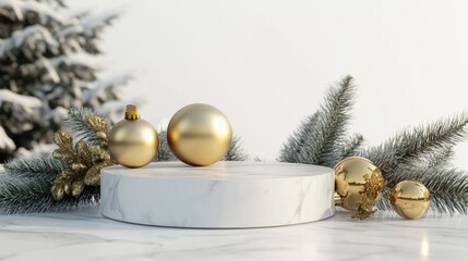 Poster - A festive scene featuring Christmas ornaments on a table next to a tall pine tree
