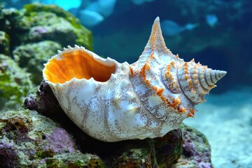 Poster - A sea shell sits on a rock in a colorful aquarium setting, ideal for use as a background or decoration