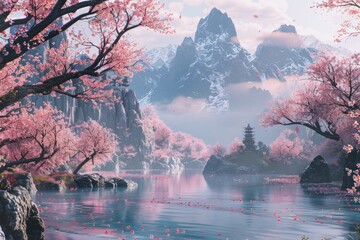 Poster - A serene natural scene featuring a lake with surrounding trees and mountains