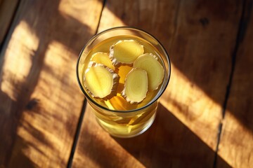 Poster - A refreshing glass of lemonade resting on a wooden table, perfect for outdoor gatherings or casual meals
