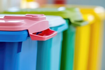 Poster - A close-up shot of a row of trash cans, perfect for use in scenes about urban life or environmental issues