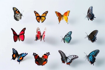 Sticker - A cluster of vibrant butterflies perched on a clean white background, perfect for illustrating environmental or nature-related themes