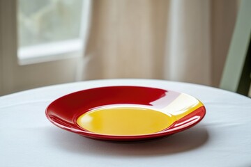 Poster - A simple plate with red and yellow design sits on a clean white table, suitable for use in still life photography, food styling, or as a prop in various settings