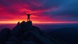 © mirifadapt - triumphant figure standing on top of a glowing mountain peak at sunrise, arms raised in victory, symbolizing freedom and career success