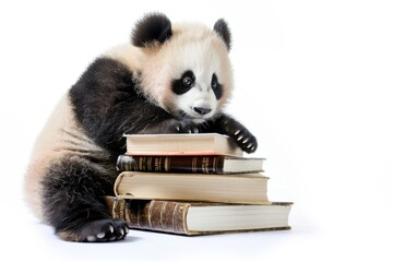 Poster - A panda bear sits on top of a stack of books, surrounded by literature and learning