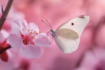 Poster - A close-up shot of a white butterfly perched on a bright pink flower, with a green leaf in the background