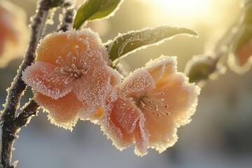 Poster - A close-up view of a flower with frost on its petals, captured in a frozen moment