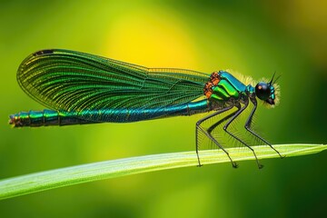 Poster - A close-up shot of a green dragonfly perched on the edge of a green leaf, with intricate details and natural surroundings