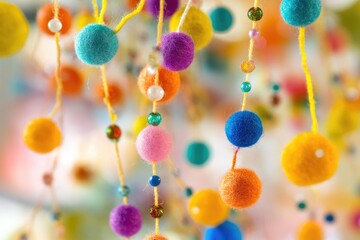 Poster - Colorful balls suspended from strings, ideal for decorative or celebratory purposes