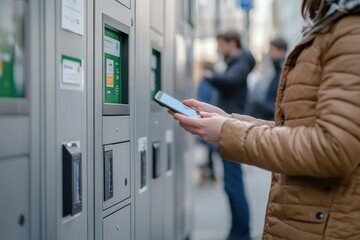 Poster - A woman stands in front of a vending machine, holding her cell phone