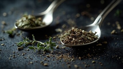 Aufkleber - Two small spoons filled with fresh herbs sit side by side