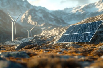 Poster - Photography of solar panels on a rocky hillside, ideal for use in environmental or energy-related contexts