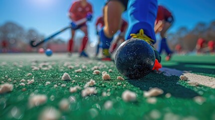 Poster - A group of people playing a game of field hockey, great for sports or team-related concepts