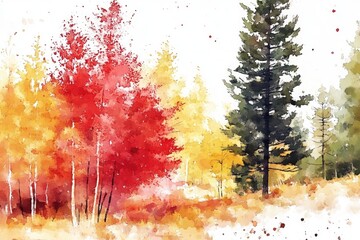 Poster - Watercolor artwork featuring trees and grass in a serene open field setting, great for nature-inspired designs