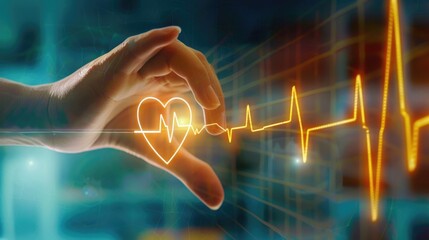 Poster - A person's hand is gently touching a heart with an electrocardiogram (ECG) line in the background, suggesting medical or healthcare context