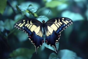 Aufkleber - A single butterfly perched on a green leaf, showcasing its colorful wings and delicate legs