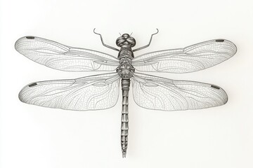 Poster - A close-up photo of a dragonfly perched on a white surface, providing a clear view of its delicate features