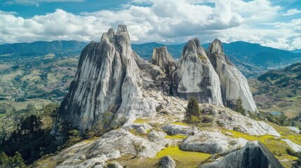 Poster - Mountain range landscape with rocky terrain and lush green grass