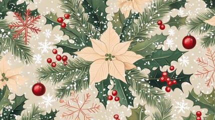 Poster - Colorful Christmas design featuring poinsettias, holly leaves, and snowflakes