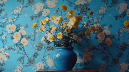 Poster - A blue vase with yellow flowers on a table
