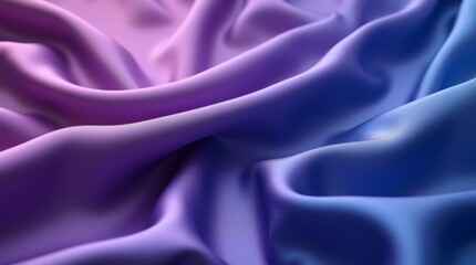 Luxurious silk fabric gracefully drapes, showcasing rich shades of purple and blue. The interplay of light on the smooth surface highlights its soft texture and elegant folds