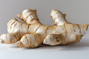 Wall Mural - A close-up view of a ginger root on a table, highlighting its texture and shape