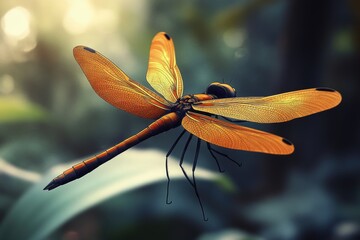 Wall Mural - A dragonfly perched on the edge of a leaf, its iridescent wings glistening in the light