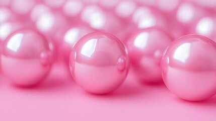 Poster - A group of shiny pink balls on a smooth pink surface, perfect for commercial or editorial use in a bright and playful setting