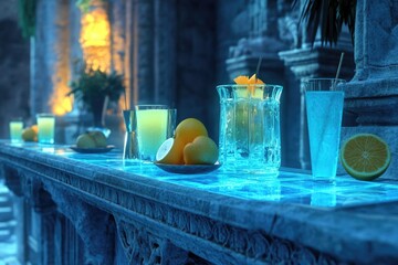 Poster - A table with two glasses of water and oranges, perfect for a refreshing break