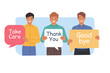 © aprint22com - Kind men show gratitude and say goodbye, holding speech bubbles with positive inscriptions. Positive guys with dialogue clouds with good-natured comments and thanks for cooperation for cooperation
