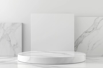 Aufkleber - Empty white marble podium in minimalist scene. Blank display platform for product presentation. Modern design with geometric forms. Luxury, simple aesthetic. Perfect for cosmetic products fashion