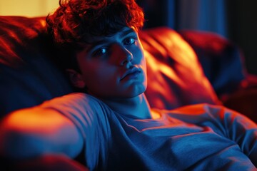 Poster - A young man is lying down on a couch in a dimly lit room, surrounded by shadows